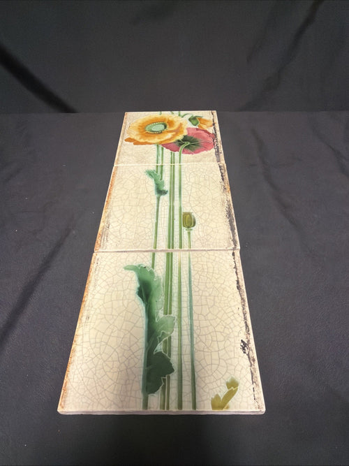 Antique Tiles set of three crackle glaze floral RD No 533060 1909? - (1893)
