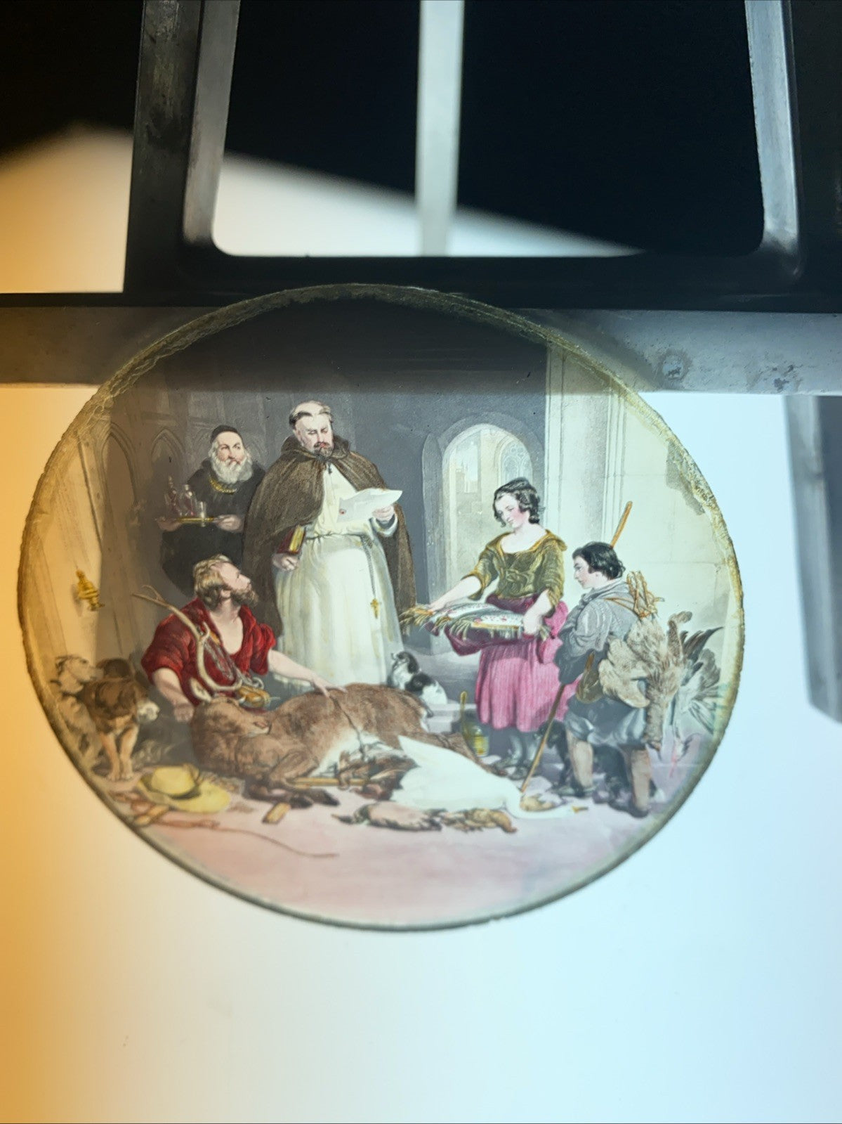 Magic Lantern Victorian Glass Round Handpainted Slide After the hunt (1121)