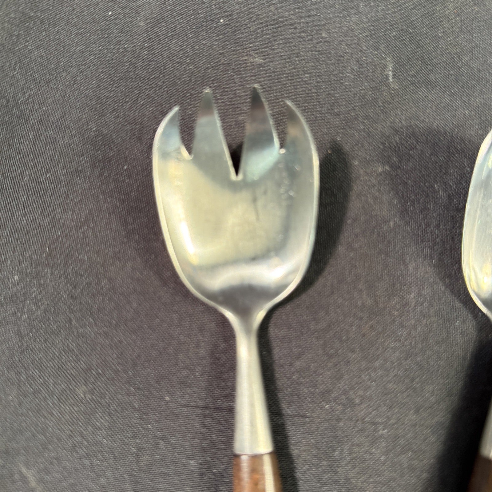 Vintage Teak Handled Pair Salad Servers Spoon and Spork - (2055)