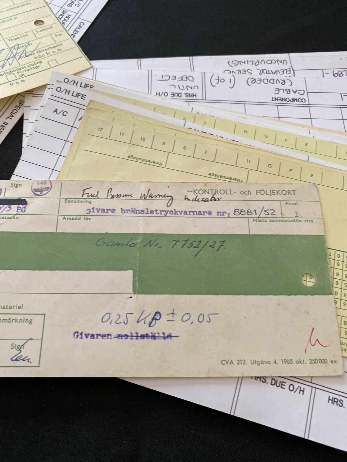 SAAB Factory Aircraft engines inspection Log Cards x 82 Collectable - 1970's - (6496)