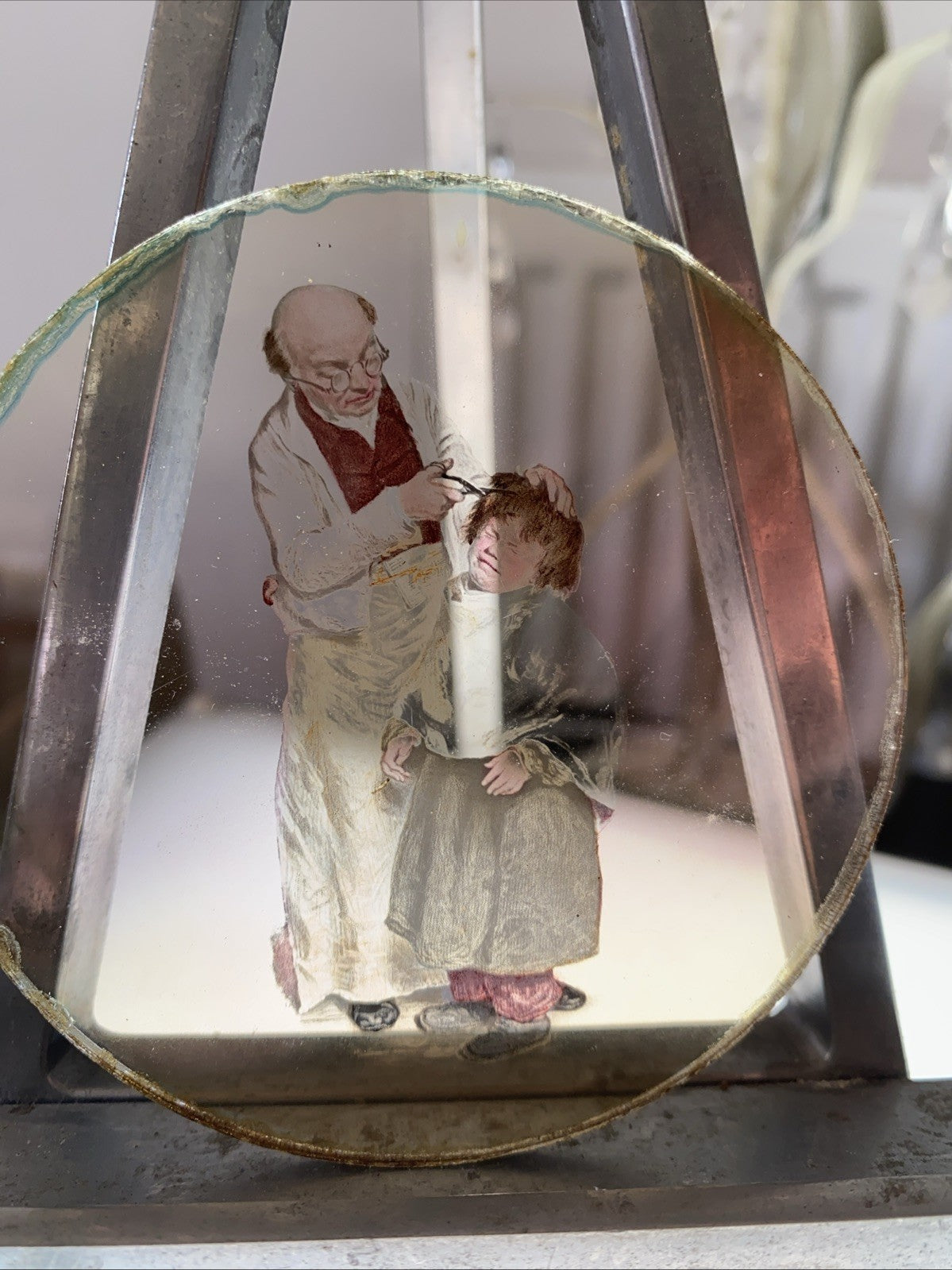 Magic Lantern Victorian Glass Round Handpainted Slide Childs Haircut Time (1136)
