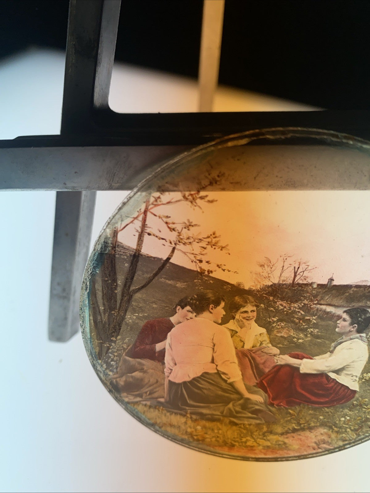 Magic Lantern Victorian Glass Round Handpainted Slide Girls chatting (1059)