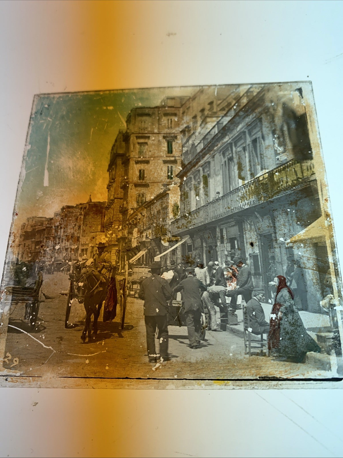 Magic Lantern Victorian Glass Square Photo City People Horses London? (1182)