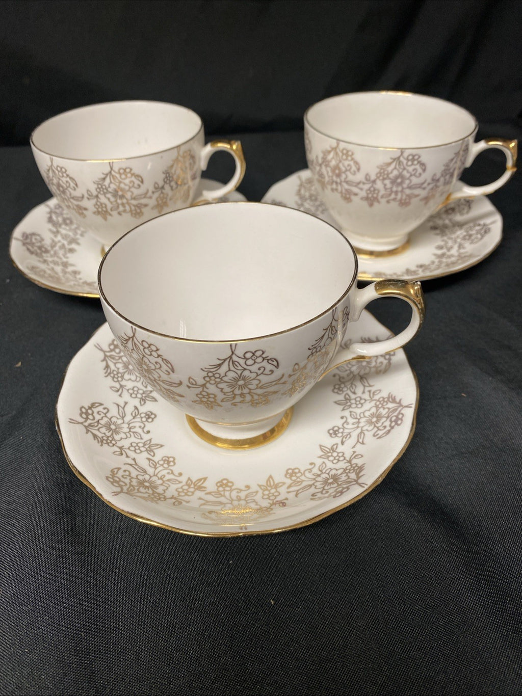 Vintage Gainsbourgh China Three Cups and Saucers Gilt Floral - (1593)