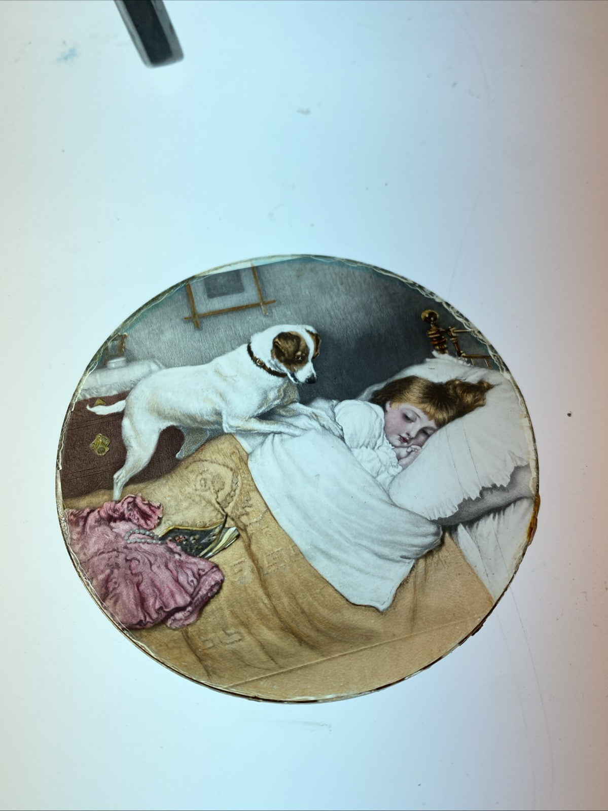 Magic Lantern Victorian Glass Round Handpainted Slide Dog & sleeping child (1132