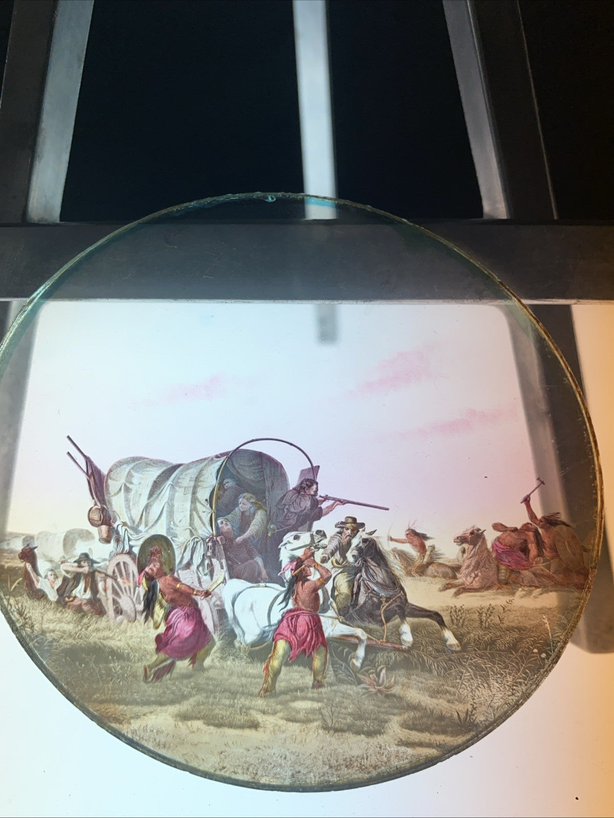 Magic Lantern Victorian Glass Round Handpainted Slide Cowboys and Indians (1092)
