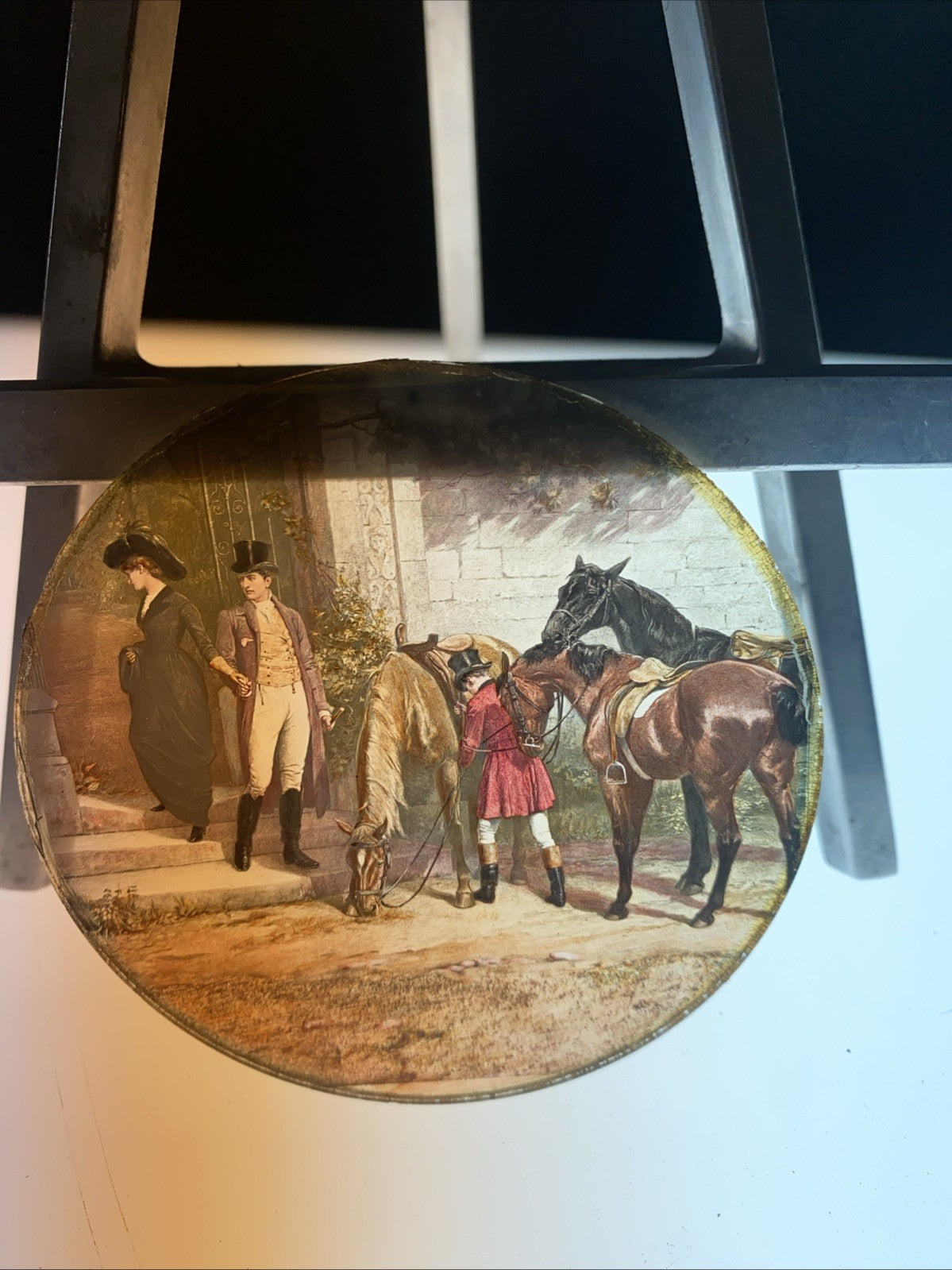 Magic Lantern Victorian Glass Round Handpainted Slide Horse Riding - (1094)