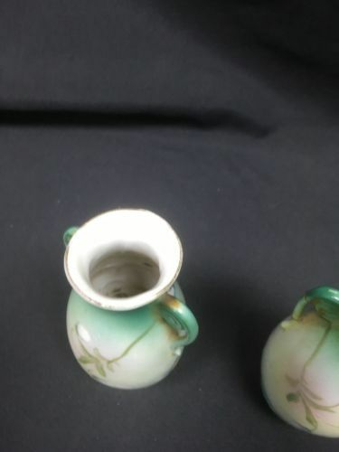 Japan bud vases pair vintage hand painted 11cm high green floral - (6686