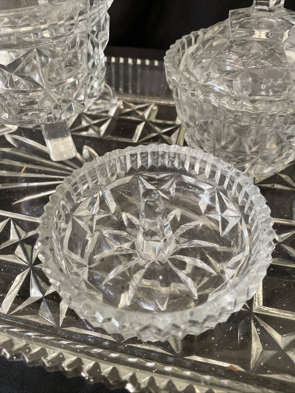 Vintage Pressed Glass Dressing Table Set Clear Tray, Ring Holder, 3 Pots (5457)