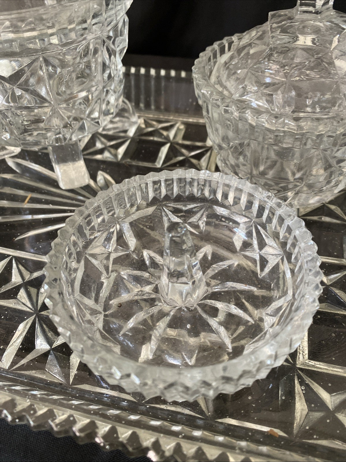 Vintage Pressed Glass Dressing Table Set Clear Tray, Ring Holder, 3 Pots (5457)