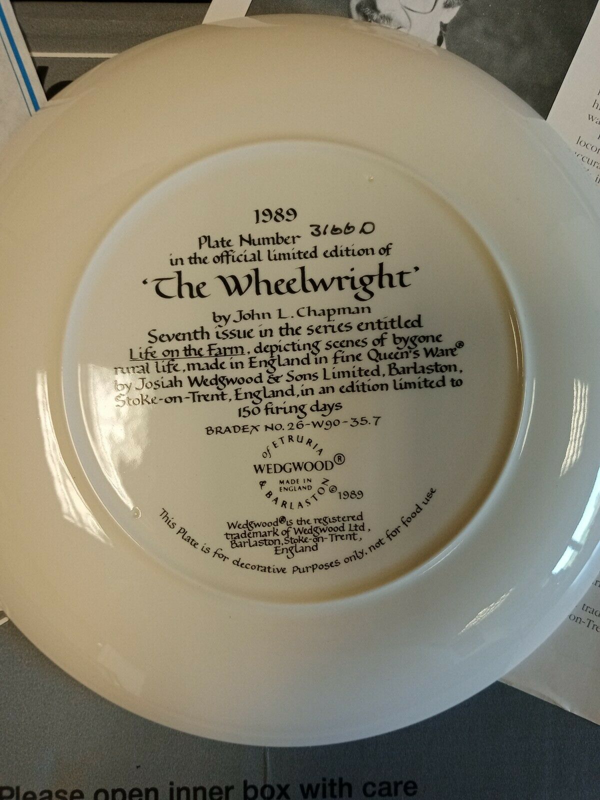 Wedgwood Queensware Collectors Boxed Plate Limited Ed. 1989 Wheelwright (7878)