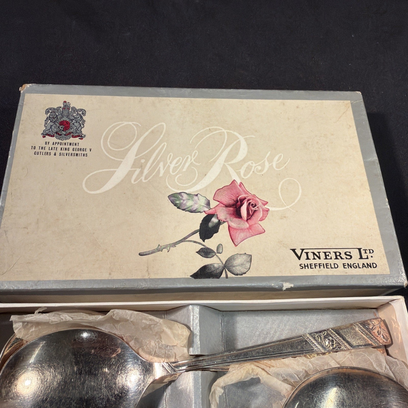 Viners Ltd Silver Rose 6 x Soup Spoons Boxed Vintage - (2096)