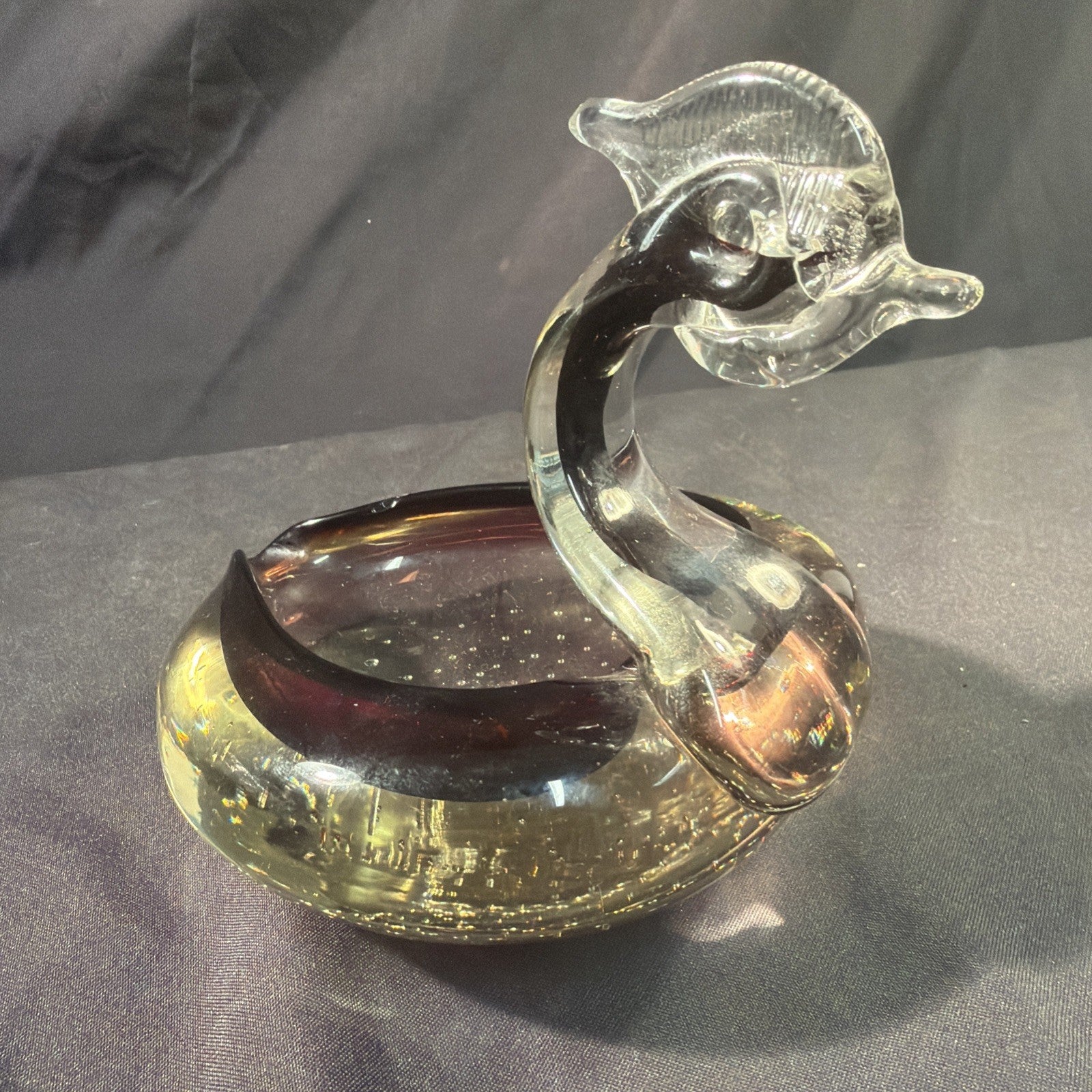 Murano Glass Swan Smoked & Red Glass Trinket bowl 19cm Vintage 1970's - (2085)