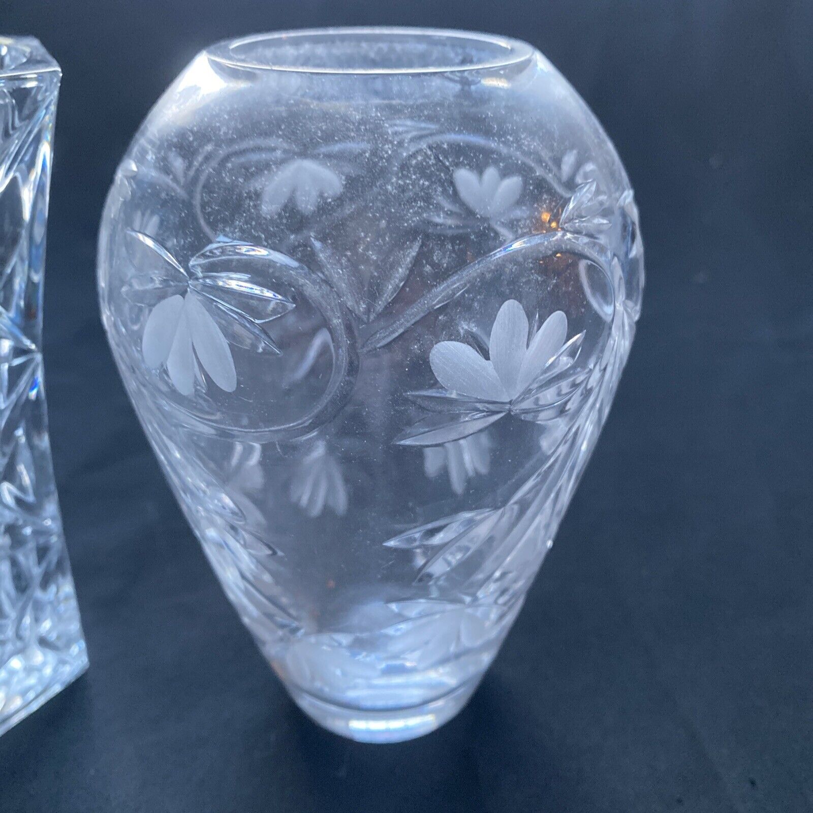 Vintage Crystal Cut and etched small Vases x 2  130mm tall - (9621)
