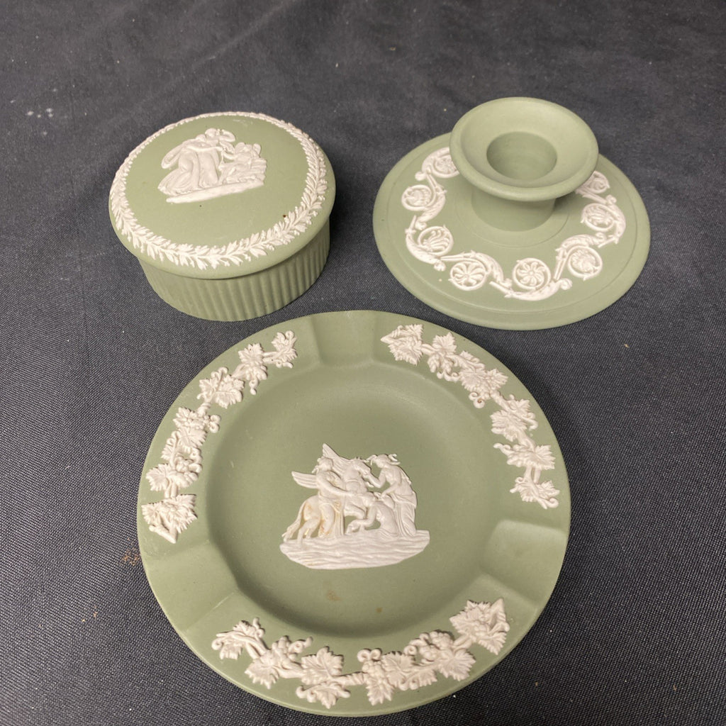 Vintage Wedgwood Jasperware Sage Trio Grecian Box Dish Candle Holder - (1603)