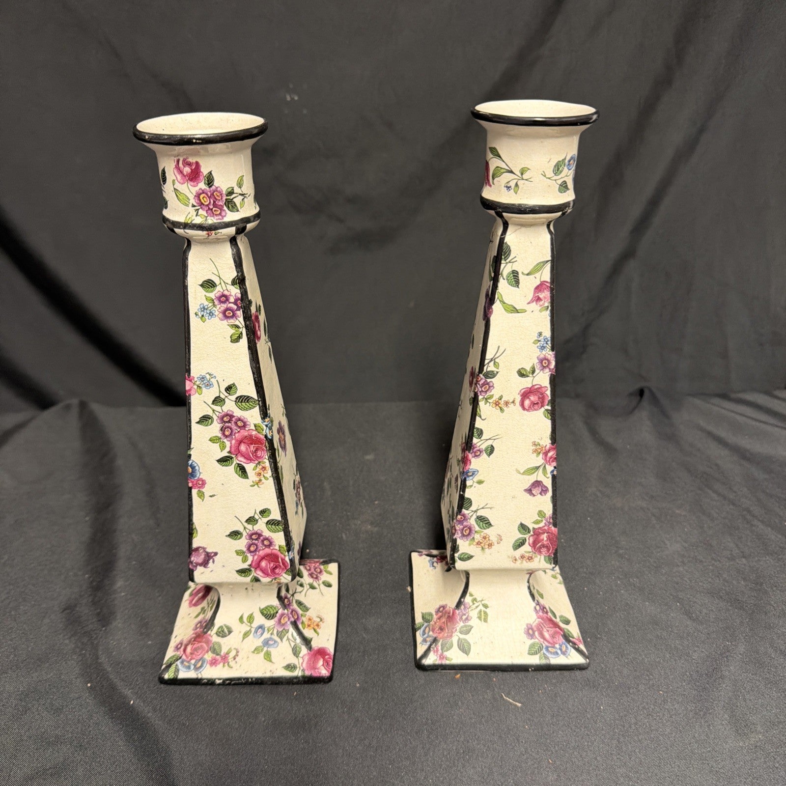 Delton Ware Burslem Rose Trellis 1904 - 1910 Pair of Candle Stick Holders - (1878)