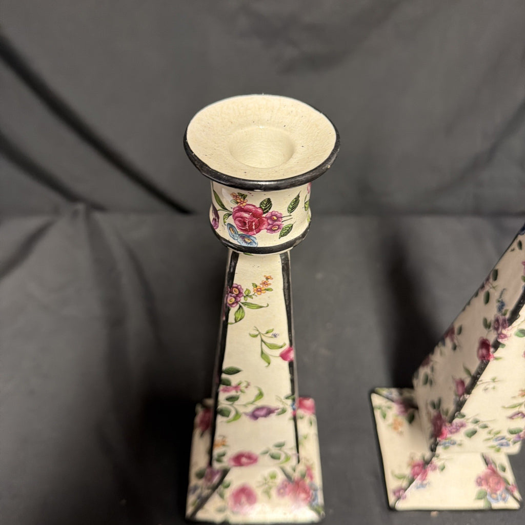 Delton Ware Burslem Rose Trellis 1904 - 1910 Pair of Candle Stick Holders - (1878)