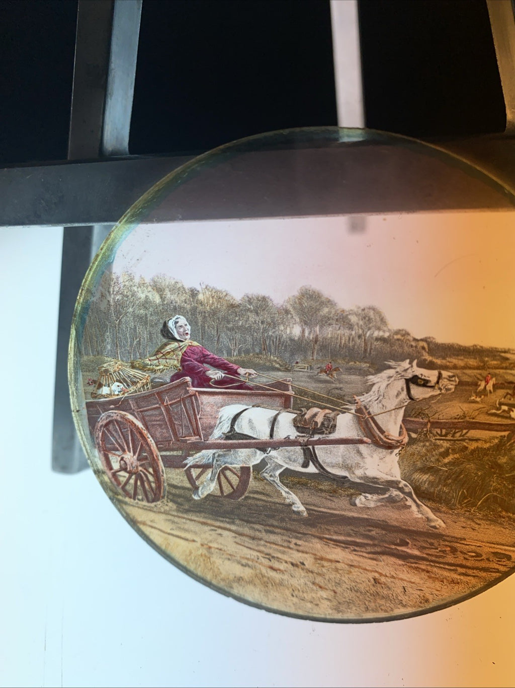 Magic Lantern Victorian Glass Round Handpainted Slide The hunt & the cart (1109)