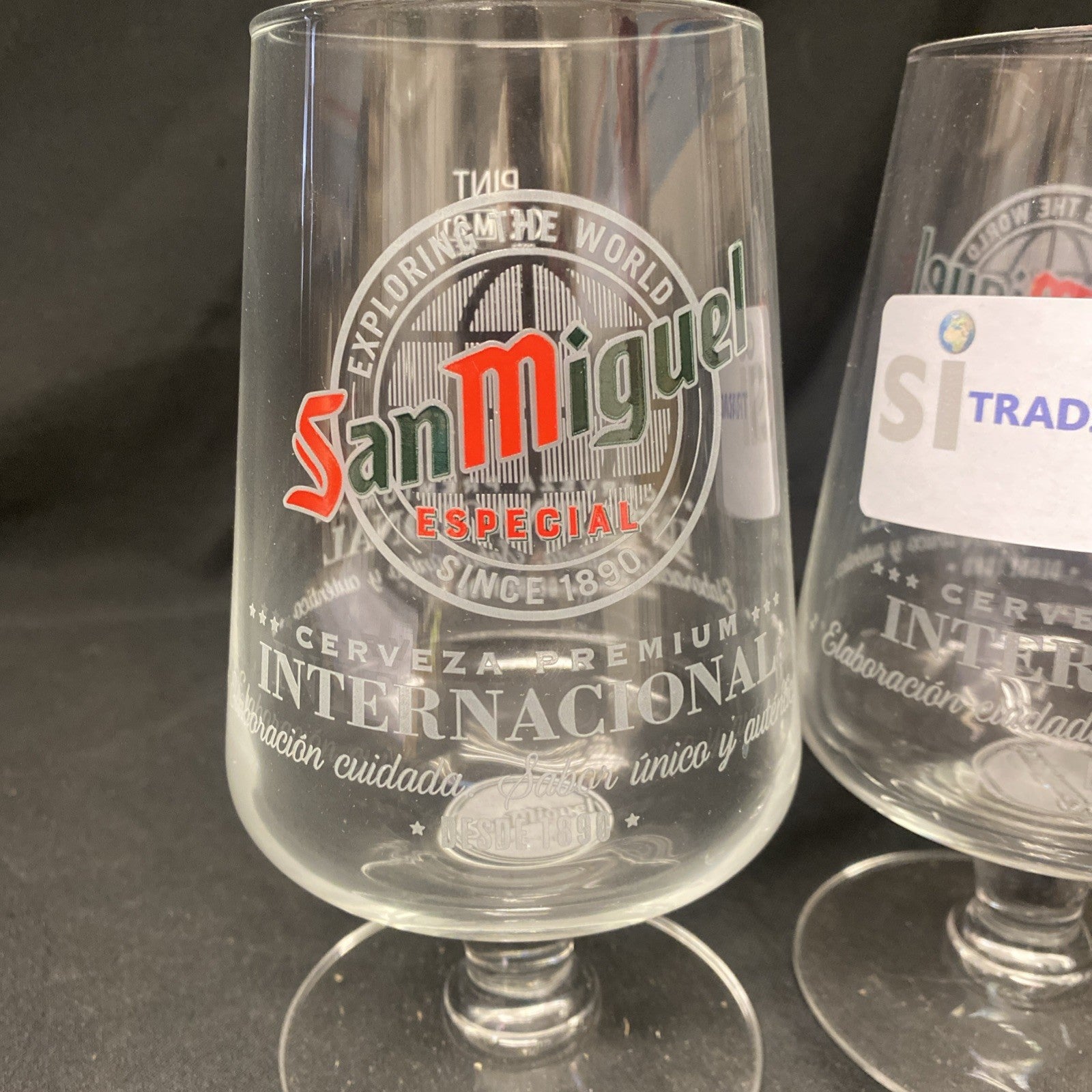 2X San Miguel Footed pint Glass Drinks Home Bar Pub Party (1460)