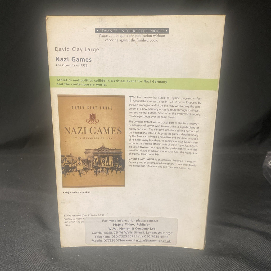 Book - NAZI GAMES: THE OLYMPICS OF 1936' by David Large (Advance Copy NFS) (1540)