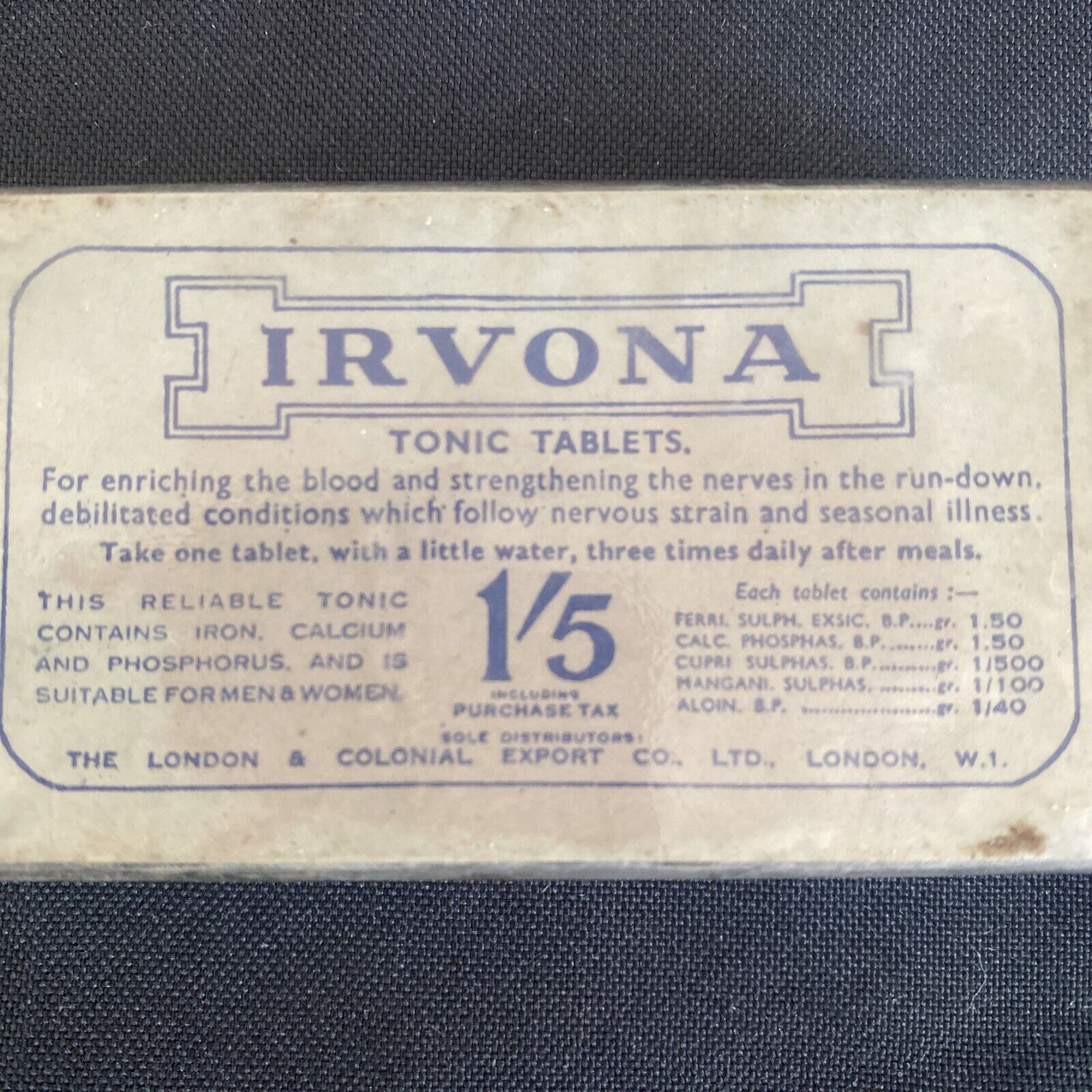 Antique Pharmacy Apothecary Unopened Irvona Tonic Tablets London - (9664)
