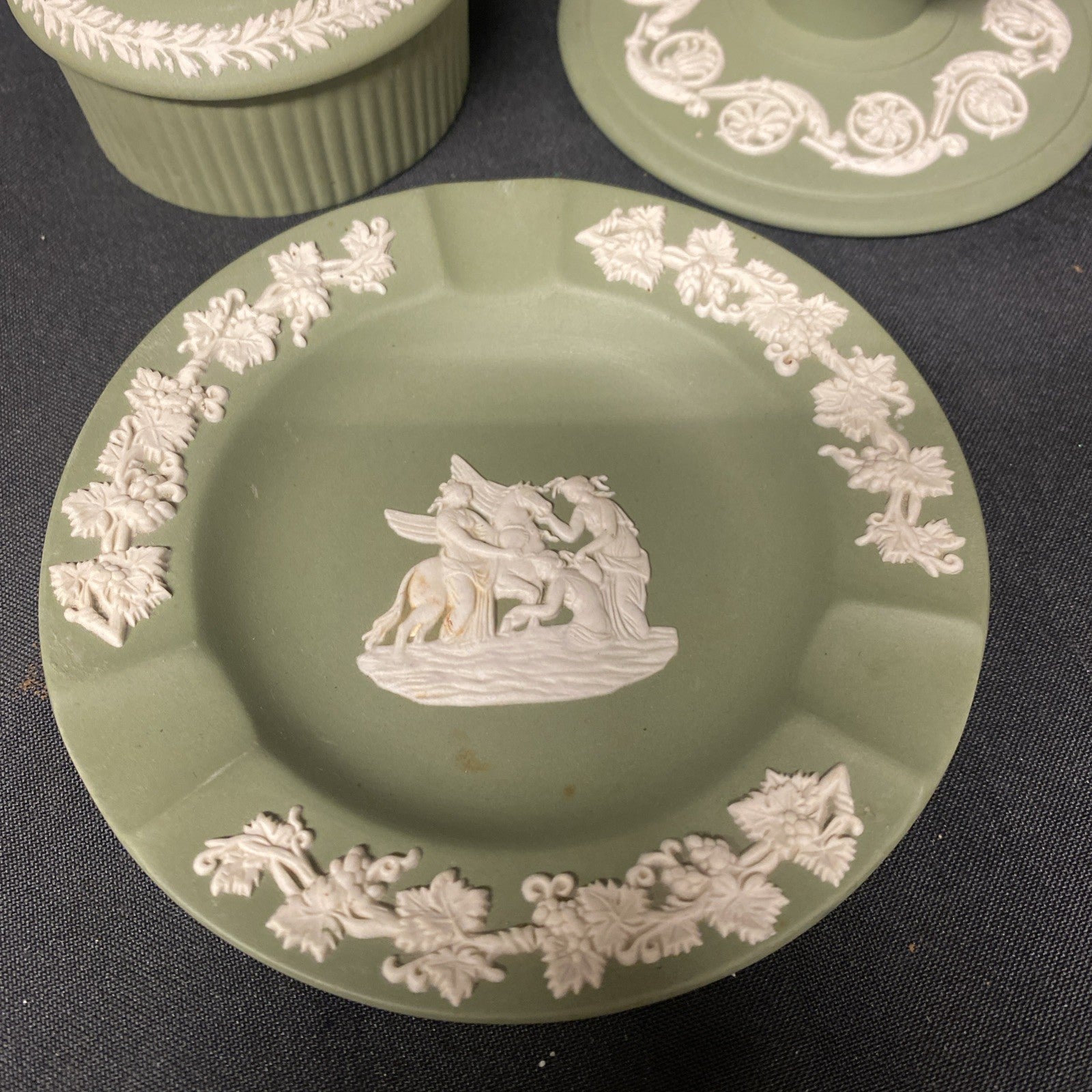Vintage Wedgwood Jasperware Sage Trio Grecian Box Dish Candle Holder - (1603)