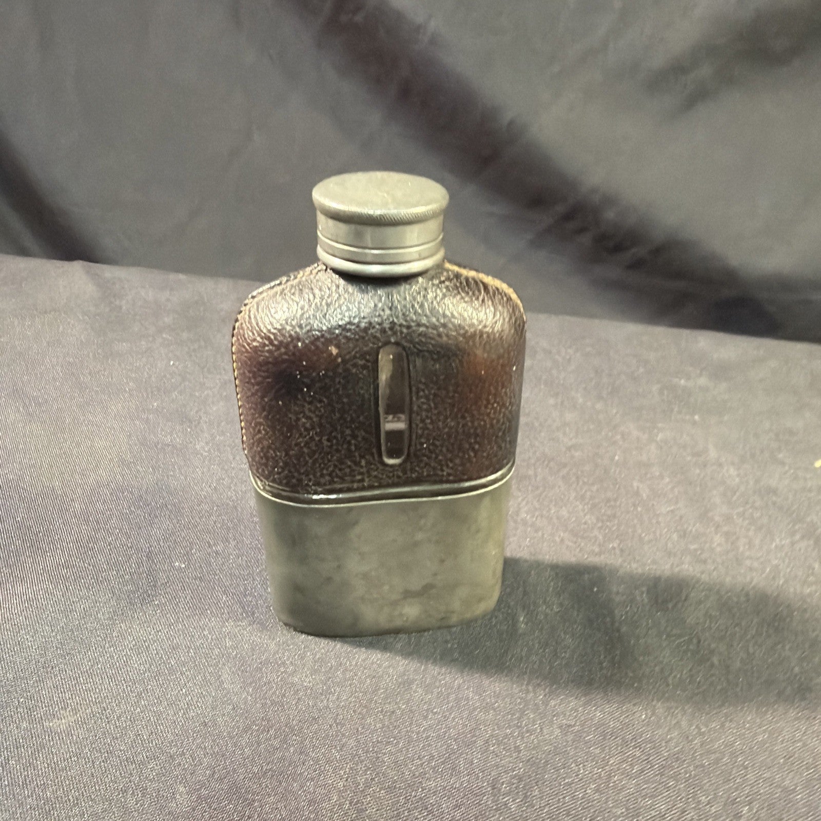 Antique WWI Hip Flask & Cup Pewter, Leather and Glass Ex Cond - (1994)