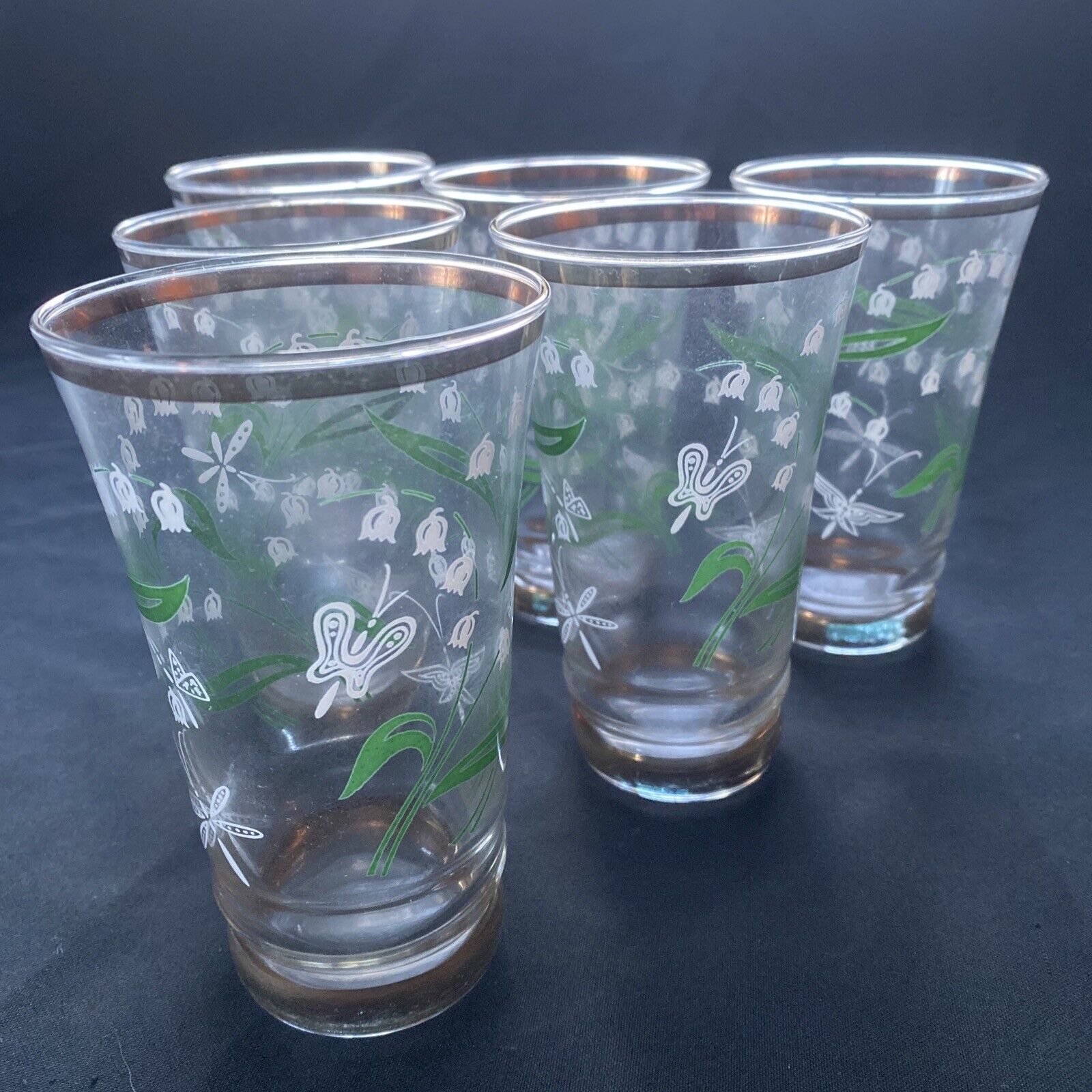 Vintage 1940's glass set with gilt edges and floral print x 6 - (9616)