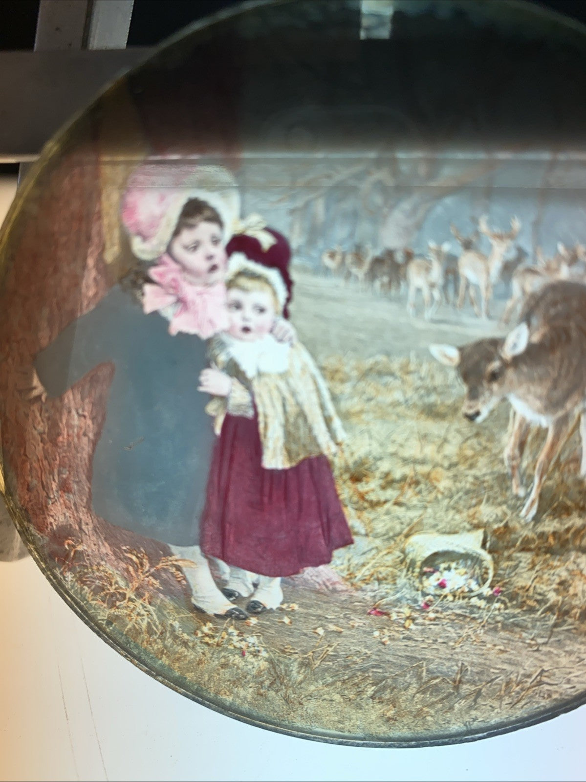 Magic Lantern Victorian Glass Round Handpainted Slide Deer & Children (1141)