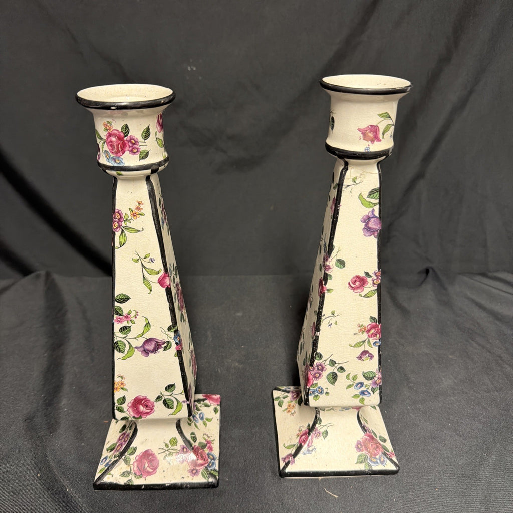 Delton Ware Burslem Rose Trellis 1904 - 1910 Pair of Candle Stick Holders - (1878)