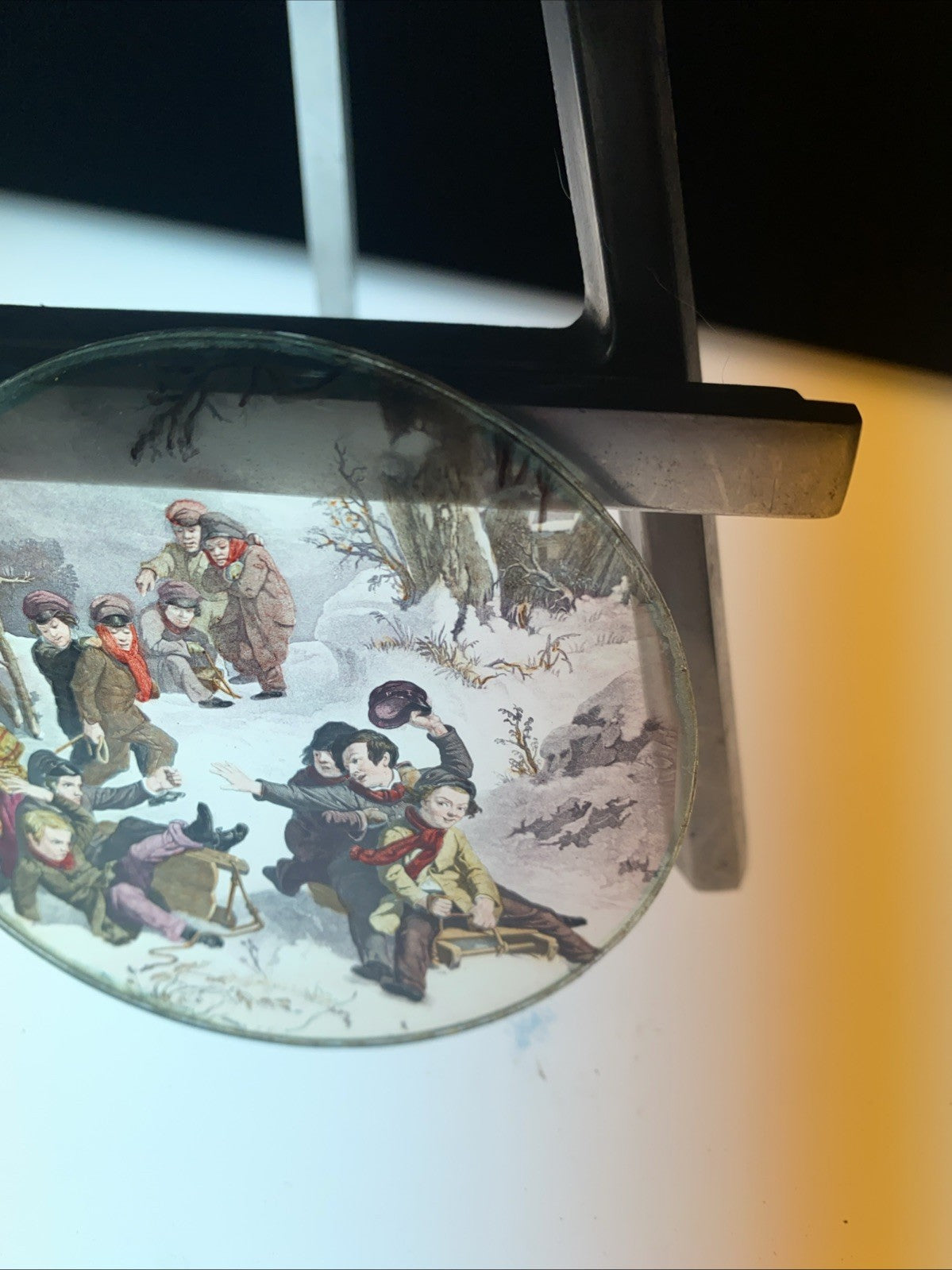 Magic Lantern Victorian Glass Round Handpainted Slide Children Sledgeing (1167)