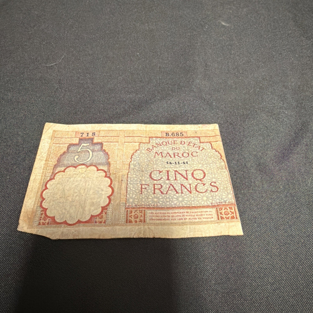 Bank Note Antique Banque D'Etat Du Maroc Morocco 5 Francs  1941 Circulated - (2307)