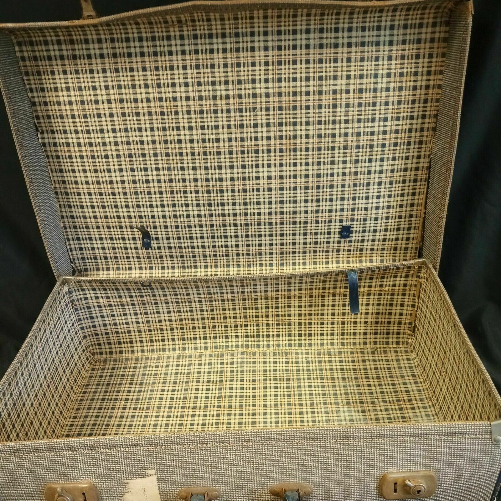 Vintage Suitcase blue check Large great storage or prop - (8091)