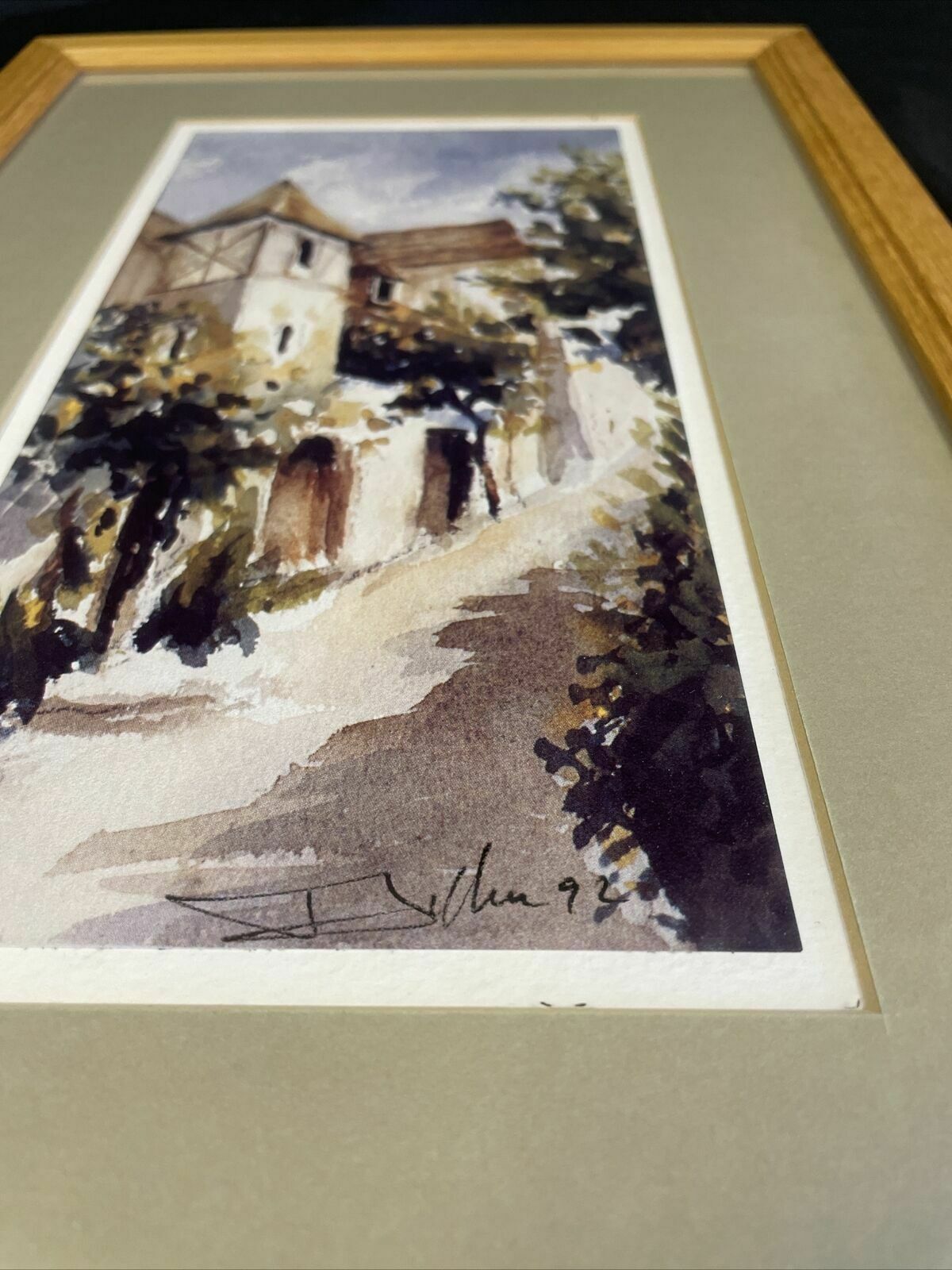 Vintage signed watercolour 1993 framed and matted European - (8150)