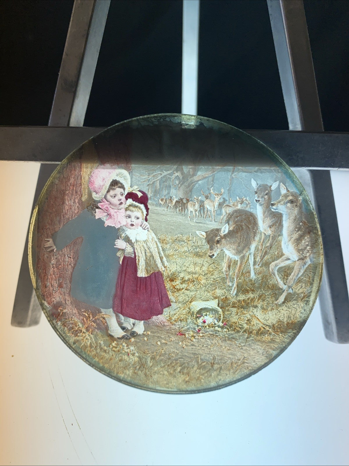 Magic Lantern Victorian Glass Round Handpainted Slide Deer & Children (1141)