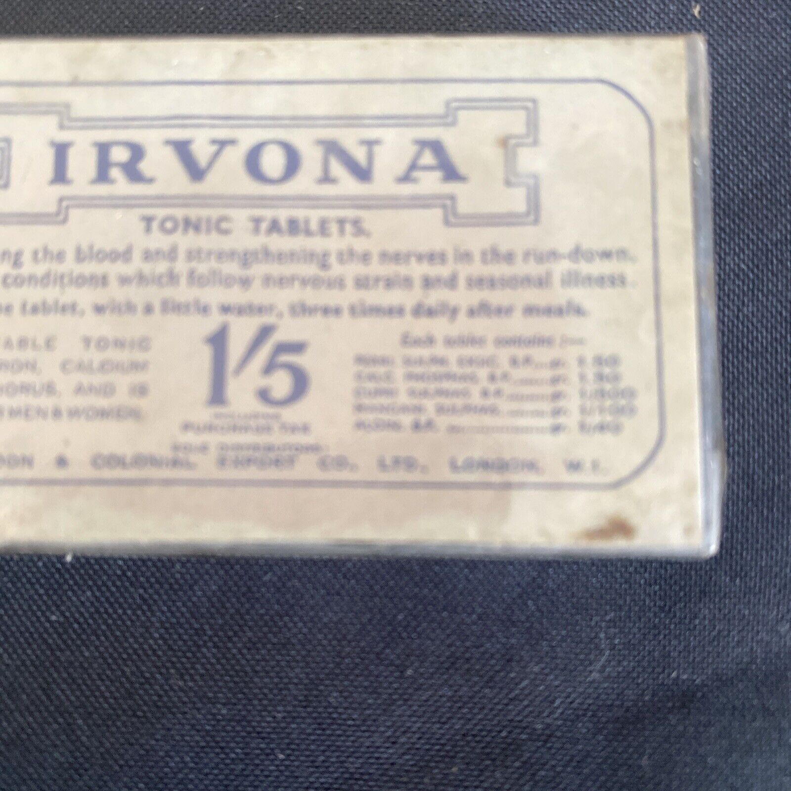 Antique Pharmacy Apothecary Unopened Irvona Tonic Tablets London - (9664)