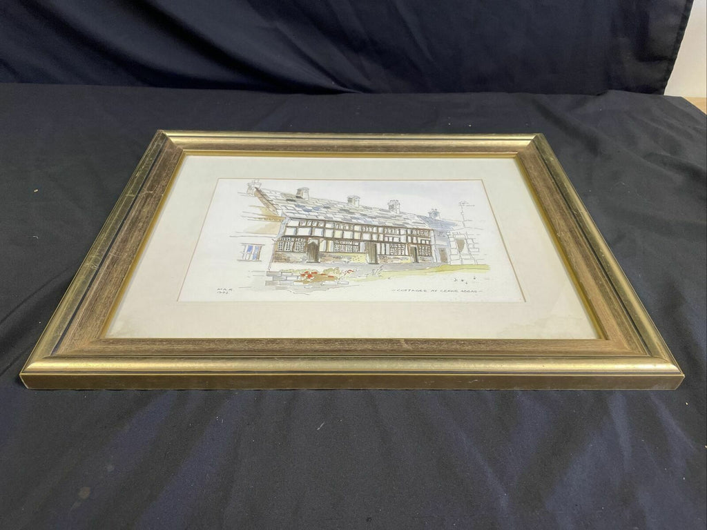 Vintage print by M.K.R 1992 watercolour of Cottages at Cerine Abbas - (8143)