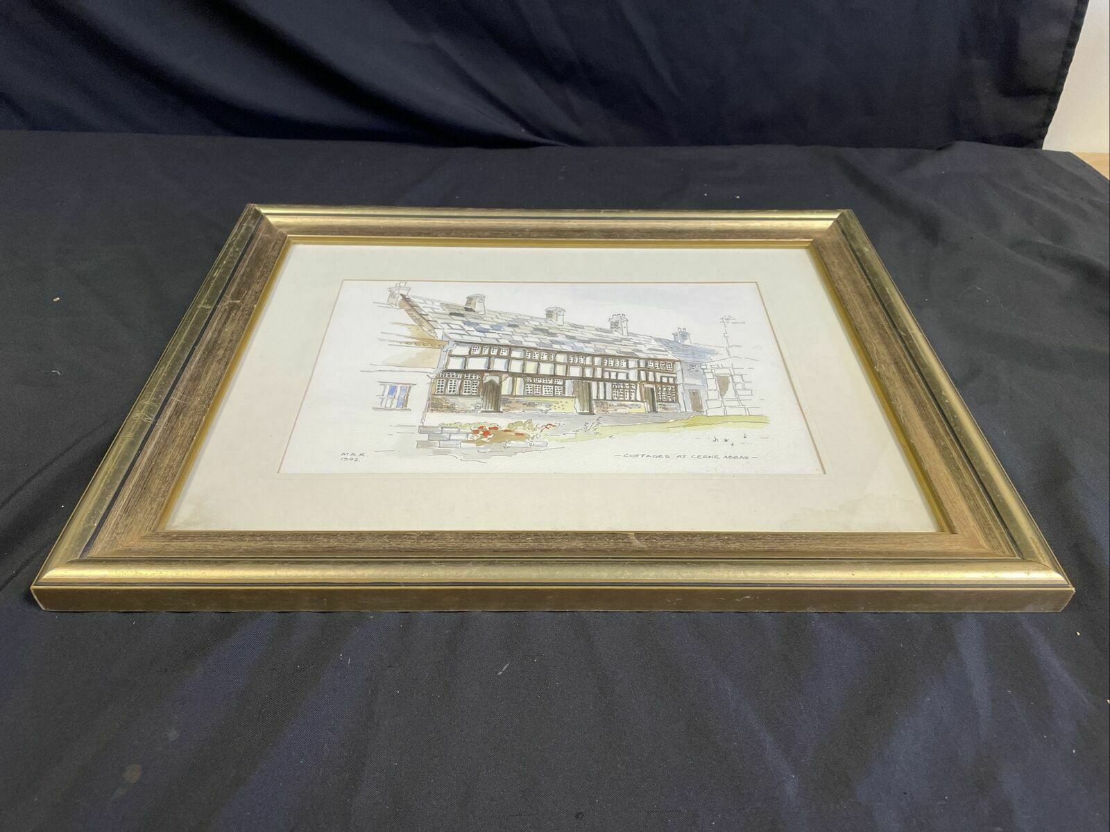 Vintage print by M.K.R 1992 watercolour of Cottages at Cerine Abbas - (8143)