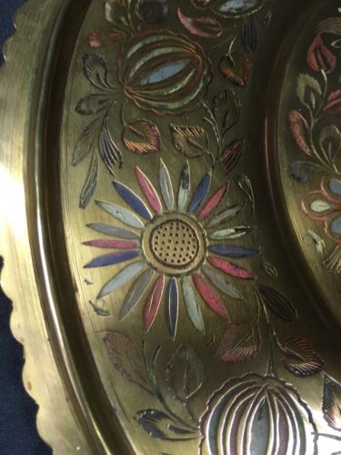 Antique brass tray hand coloured design and brass kettle + Trivet - (2790)
