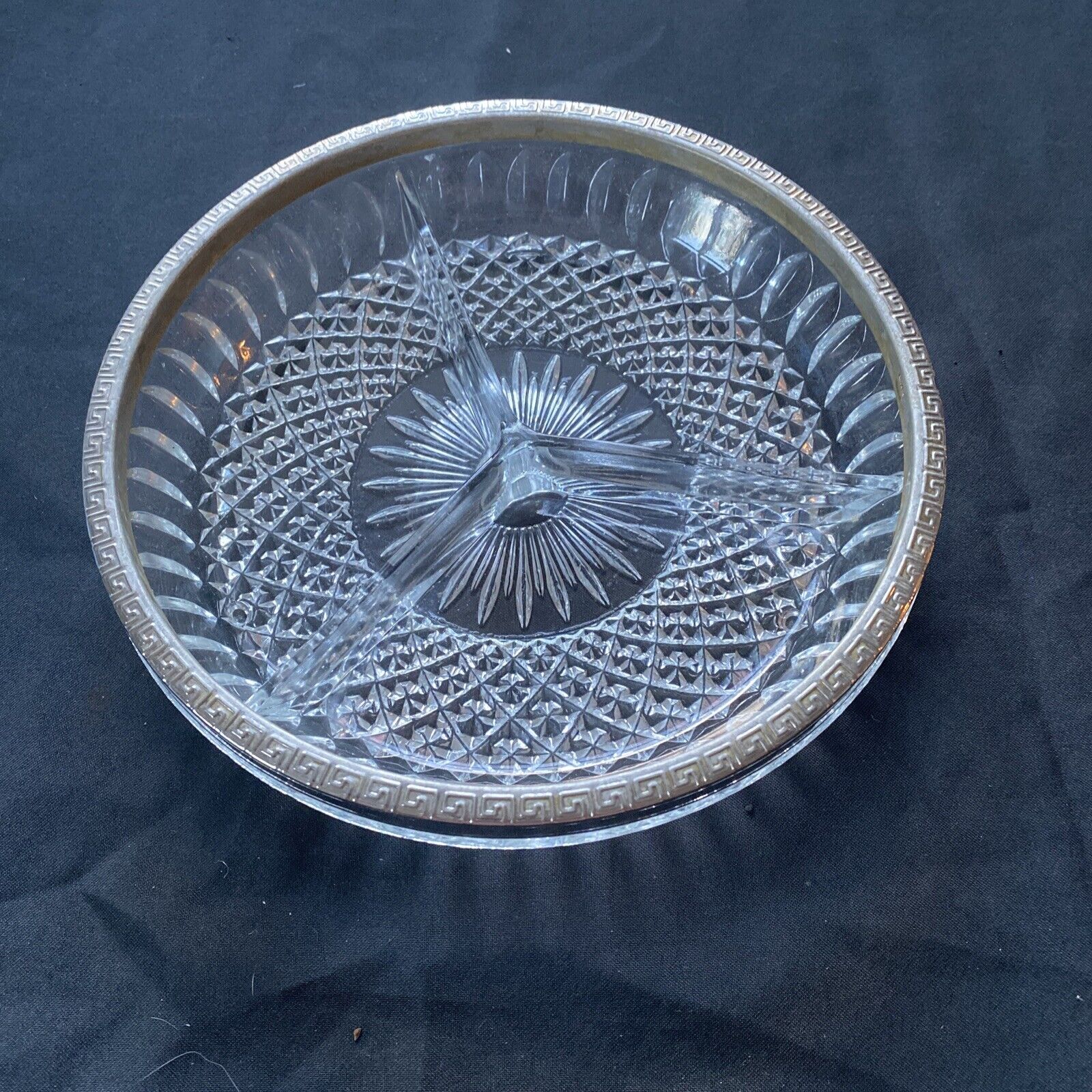 Vintage pressed glass segmented dish with white metal edge, heavy - (9612)