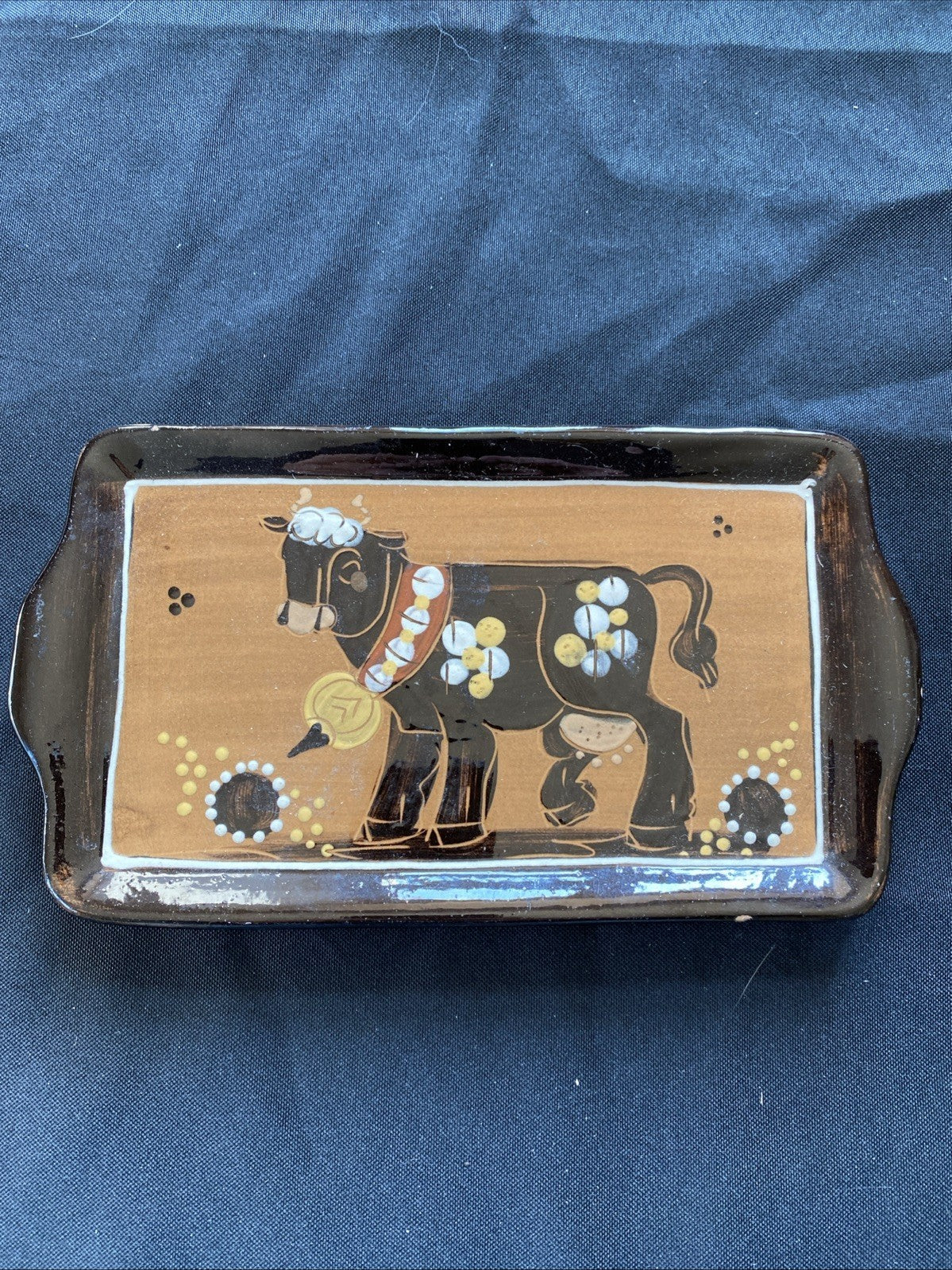 Vintage Peter Haid Pottery tray Swiss Folk Art Cow - (1033)