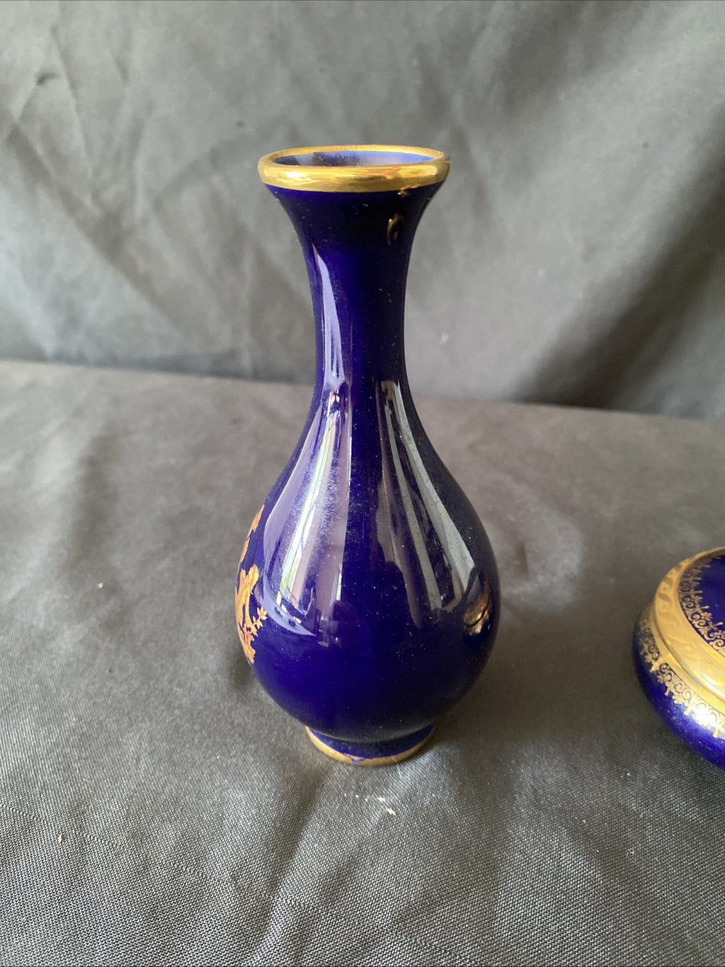Limoges Castel France 22k Gold Bud Vase & Trinket pot cobalt blue gold (5455)