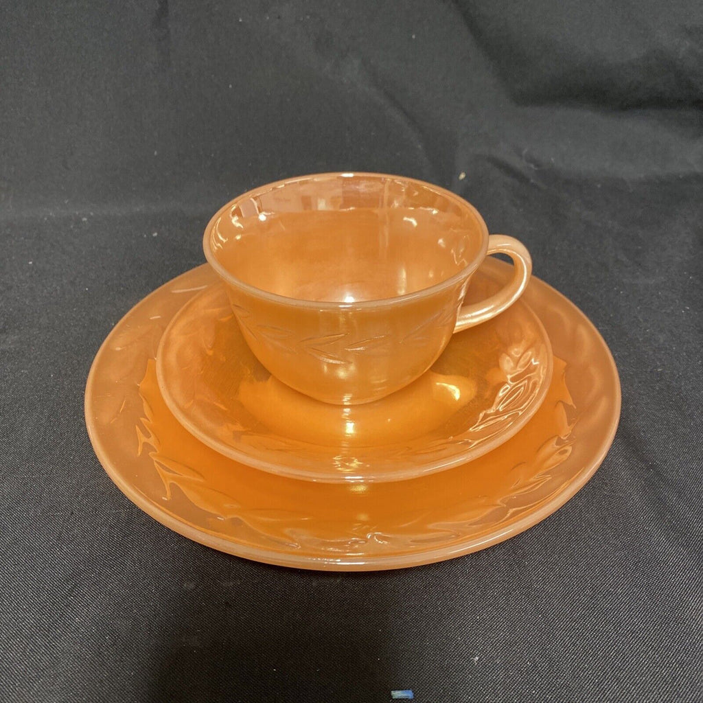Vintage FIRE KING Oven Ware PEACH LUSTRE c1950 Glass USA Laurel Trio Plate Cup Saucer