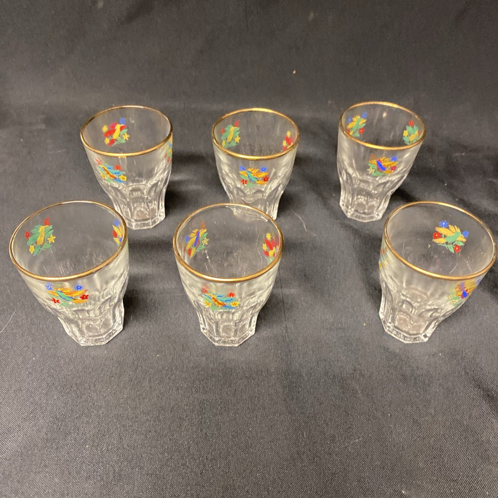 6 x Vintage 1950's Claymer Glasses Glass shot liqueur parrots design with REG mark (1482)