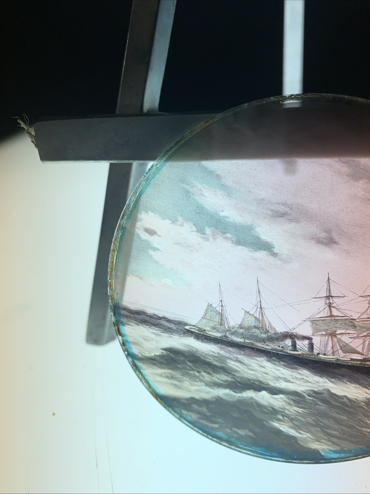 Magic Lantern Victorian Glass Round Handpainted Slide Ship at sea - (1083)