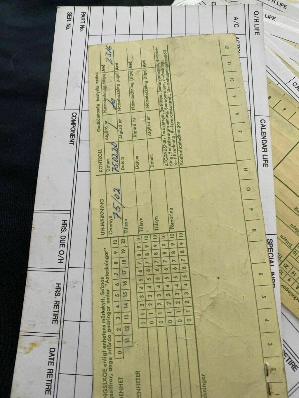 SAAB Factory Aircraft engines inspection Log Cards x 82 Collectable - 1970's - (6496)