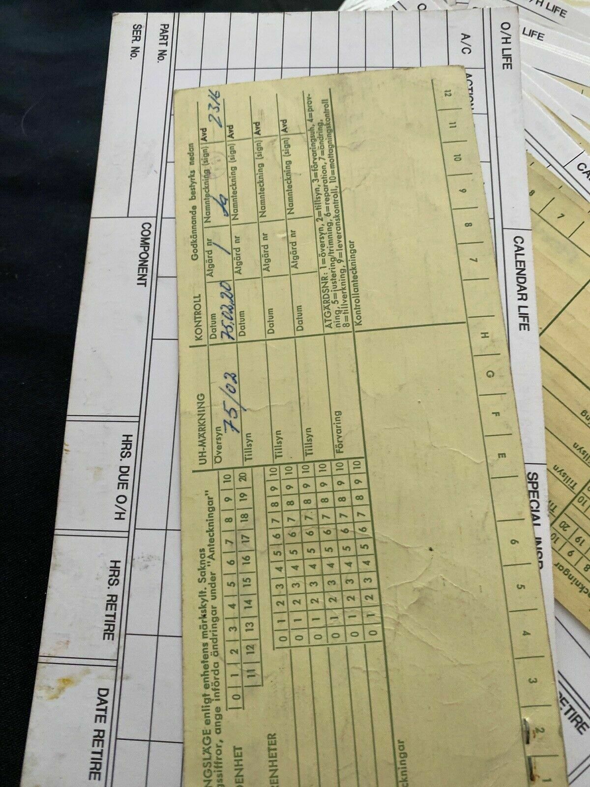 SAAB Factory Aircraft engines inspection Log Cards x 82 Collectable - 1970's - (6496)