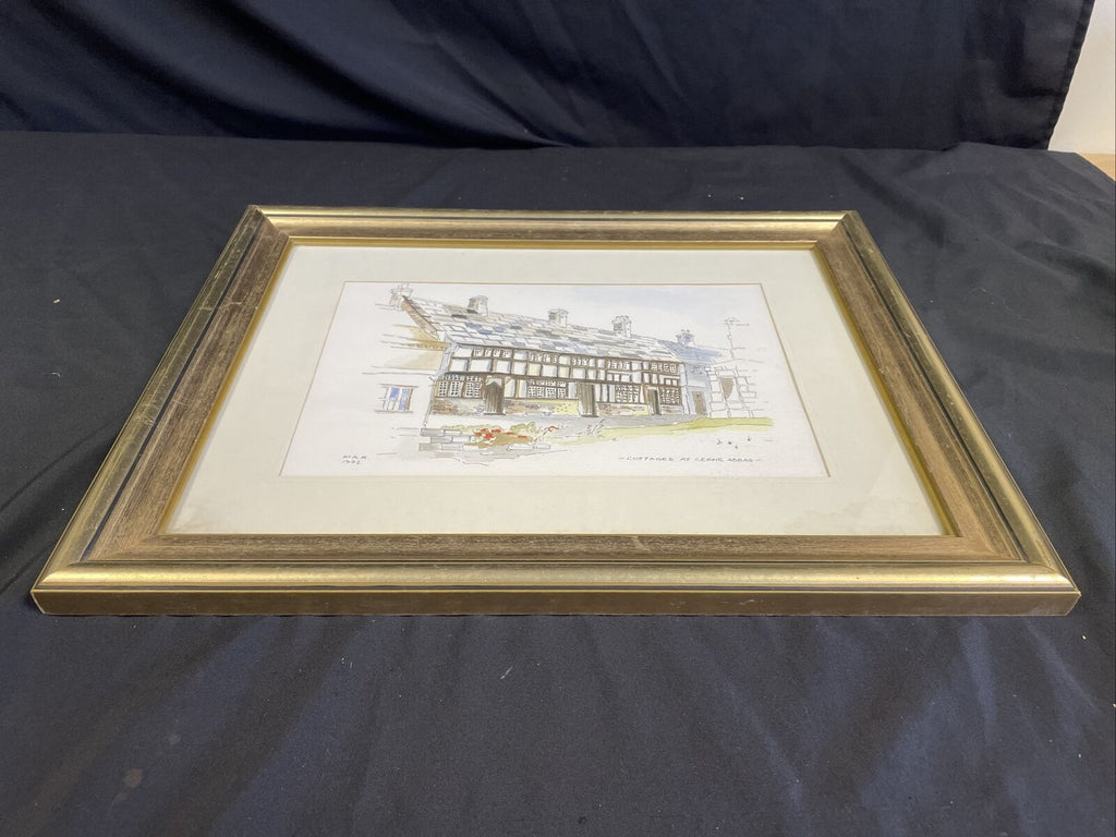 Vintage print by M.K.R 1992 watercolour of Cottages at Cerine Abbas - (8143)