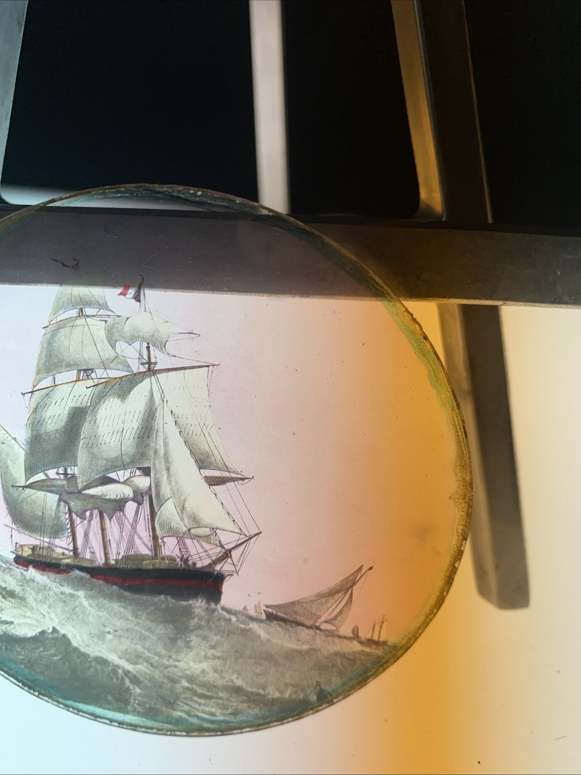 Magic Lantern Victorian Glass Round Handpainted Slide Ships at Sea - (1090)