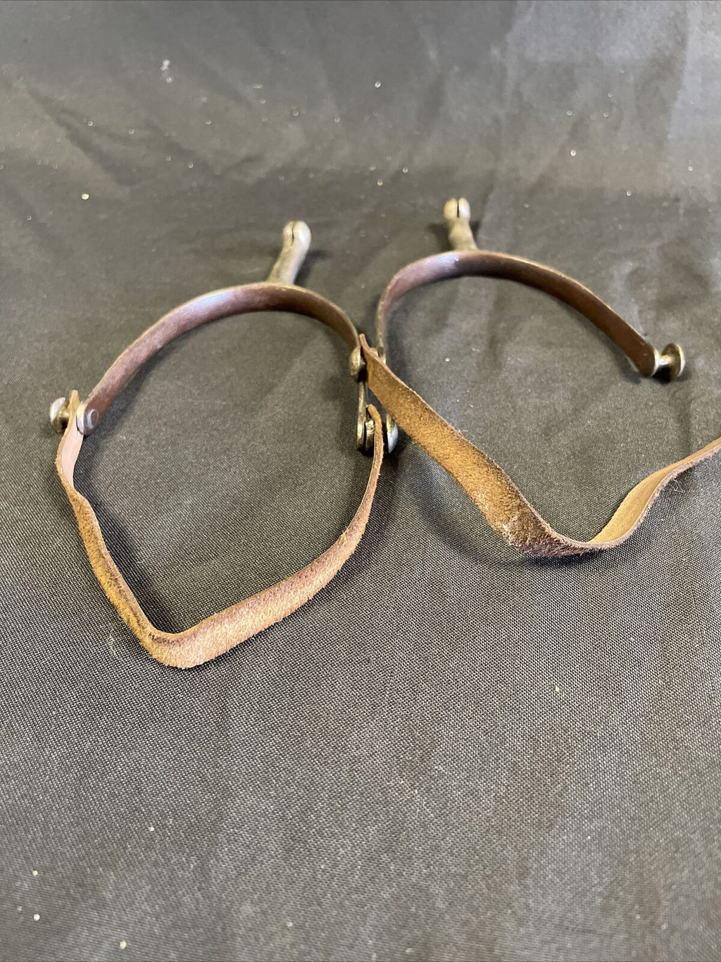 Antique Nickel Military Hunting Spurs sharp with leather straps WW1? - (8275)